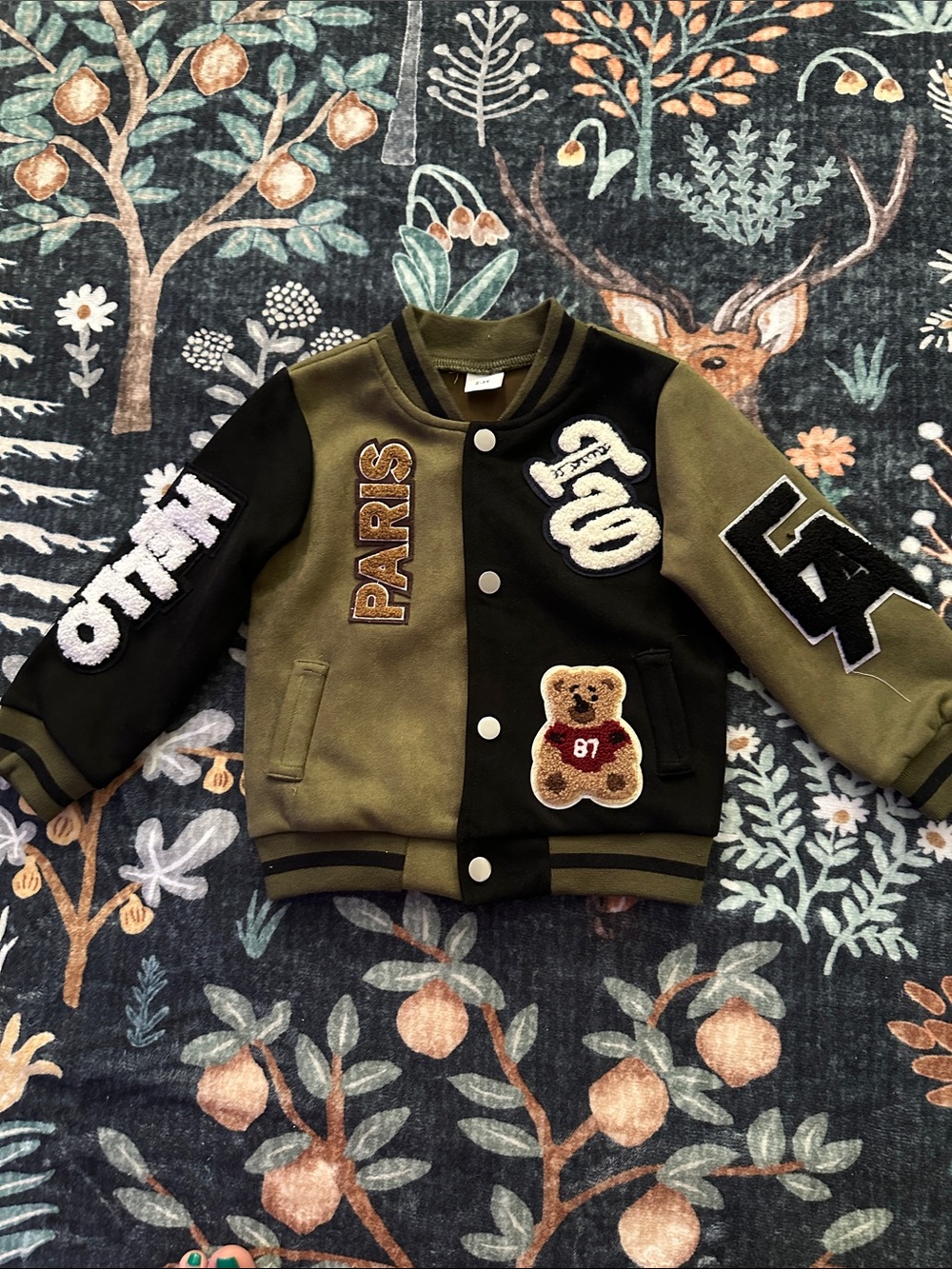 Kids Olive & Black Varsity Jacket with Teddy Patch